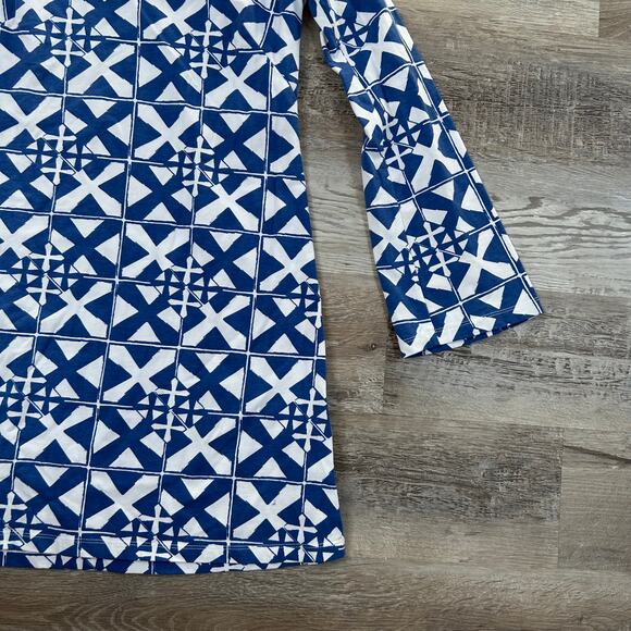 Mahi Gold Blue Geometric Bell Sleeve Dress Cotton Stretch Medium - Picture 3 of 4